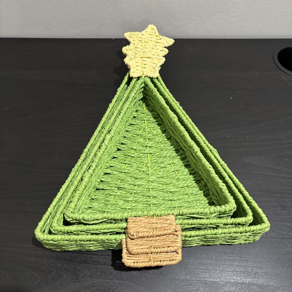 Christmas Serving Trays Rattan Nesting Tree Shape Green Lot of 3 Christmas Tree